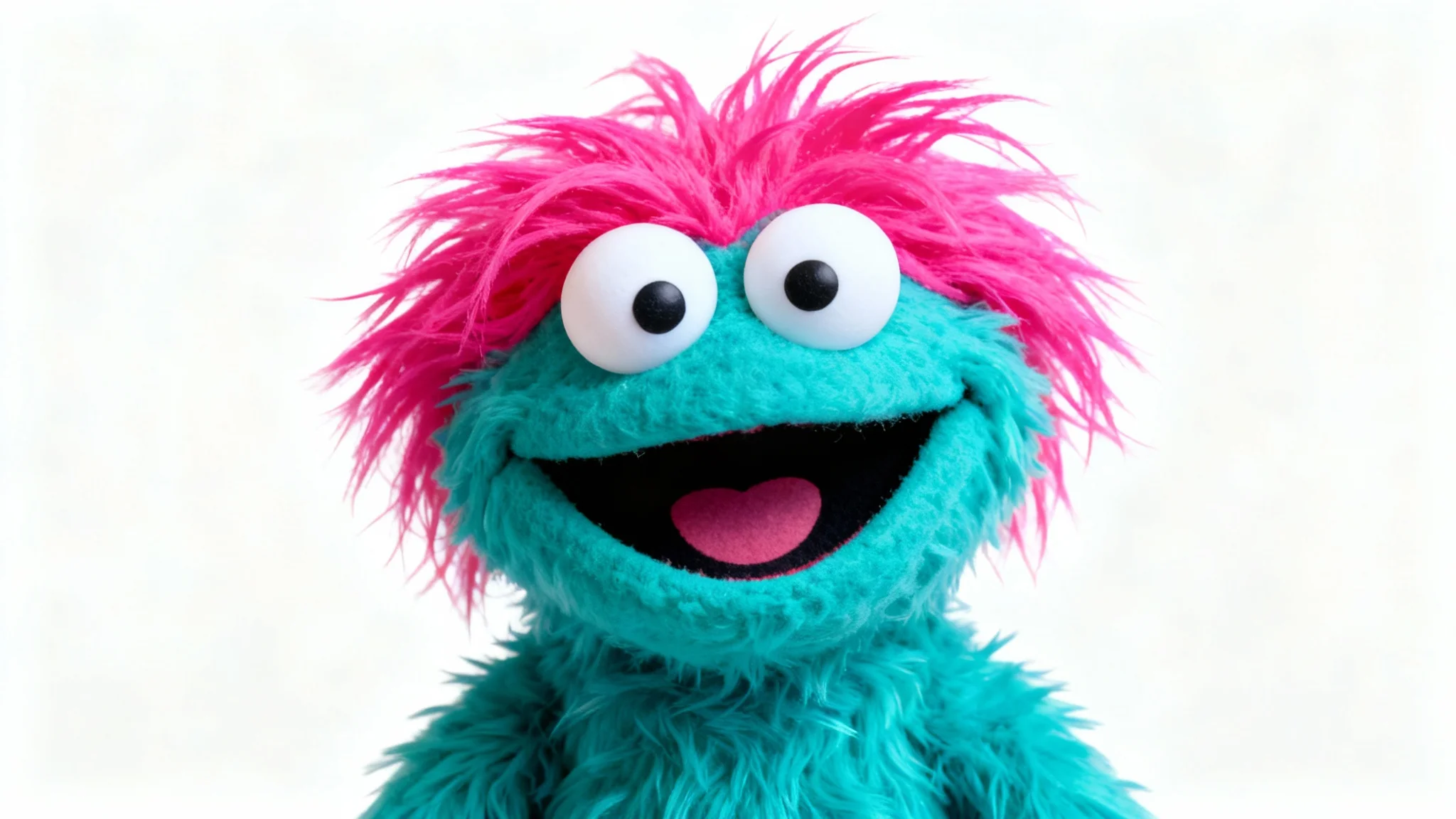 A studio close-up of a friendly, turquoise muppet-style puppet with big googly eyes, shaggy pink hair, and a wide smile, set against a plain white background.