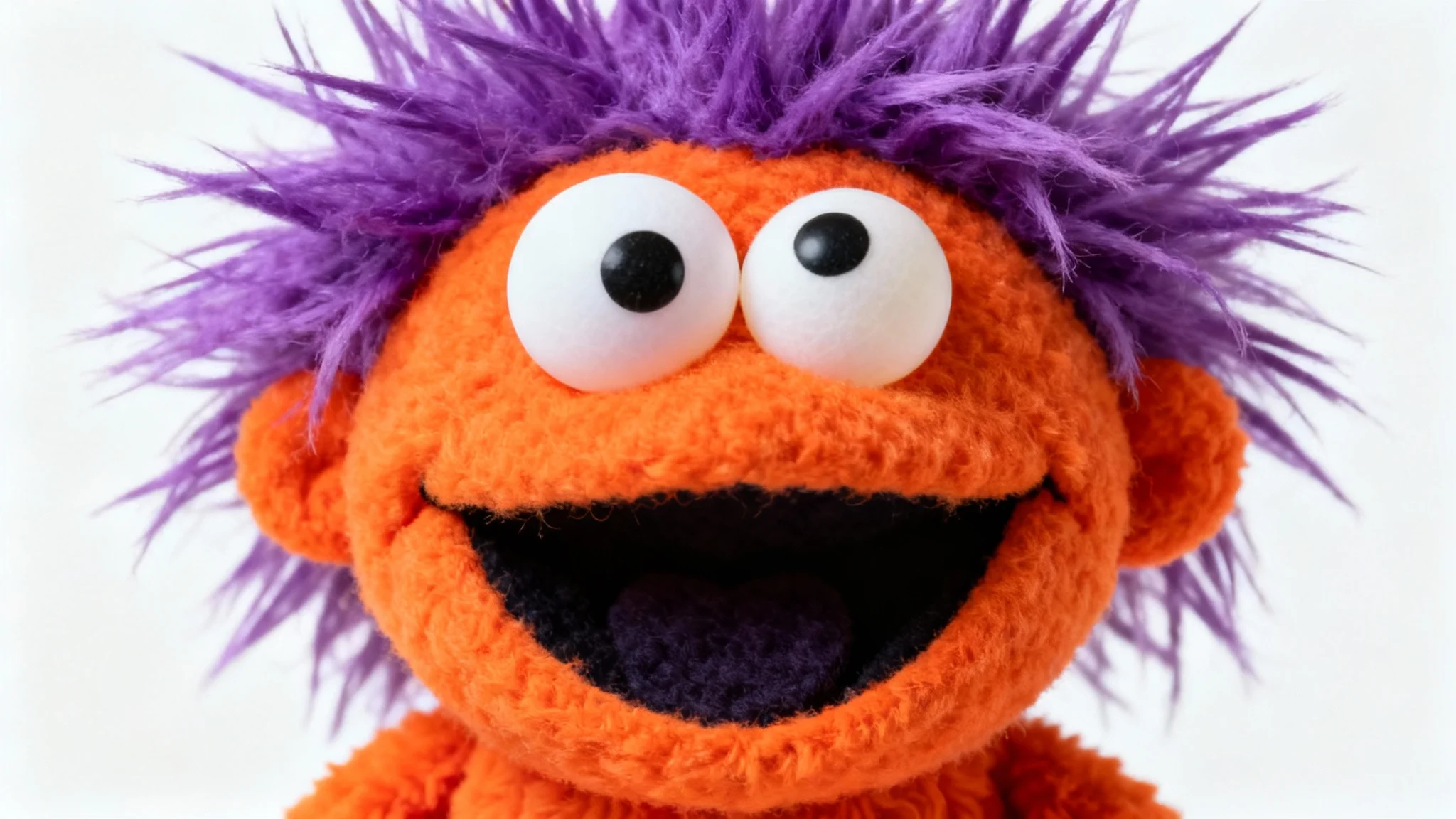 A friendly-looking orange muppet with wild purple hair and big eyes, smiling cheerfully against a solid white background in a studio portrait style.