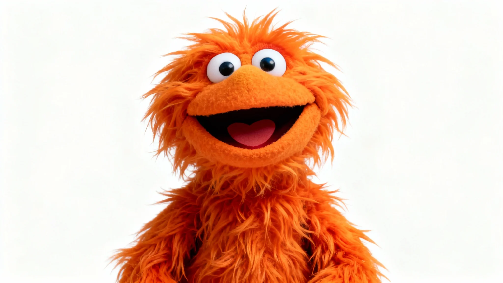 A close-up studio photograph of a friendly, bright orange muppet puppet with large googly eyes, smiling against a clean white background.