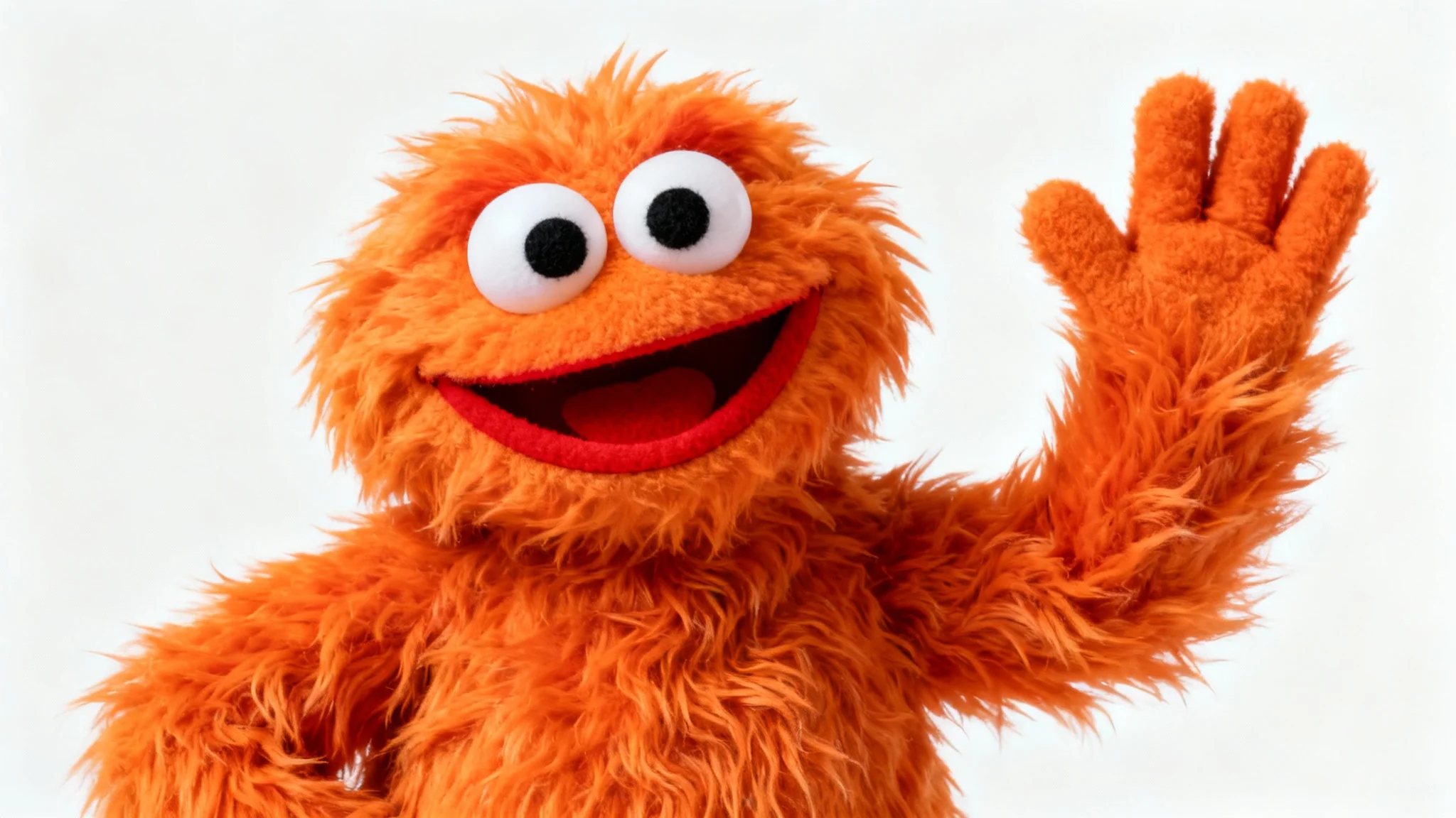 A photorealistic studio shot of a friendly muppet puppet with shaggy orange fur and large googly eyes, smiling and waving against a solid white background.