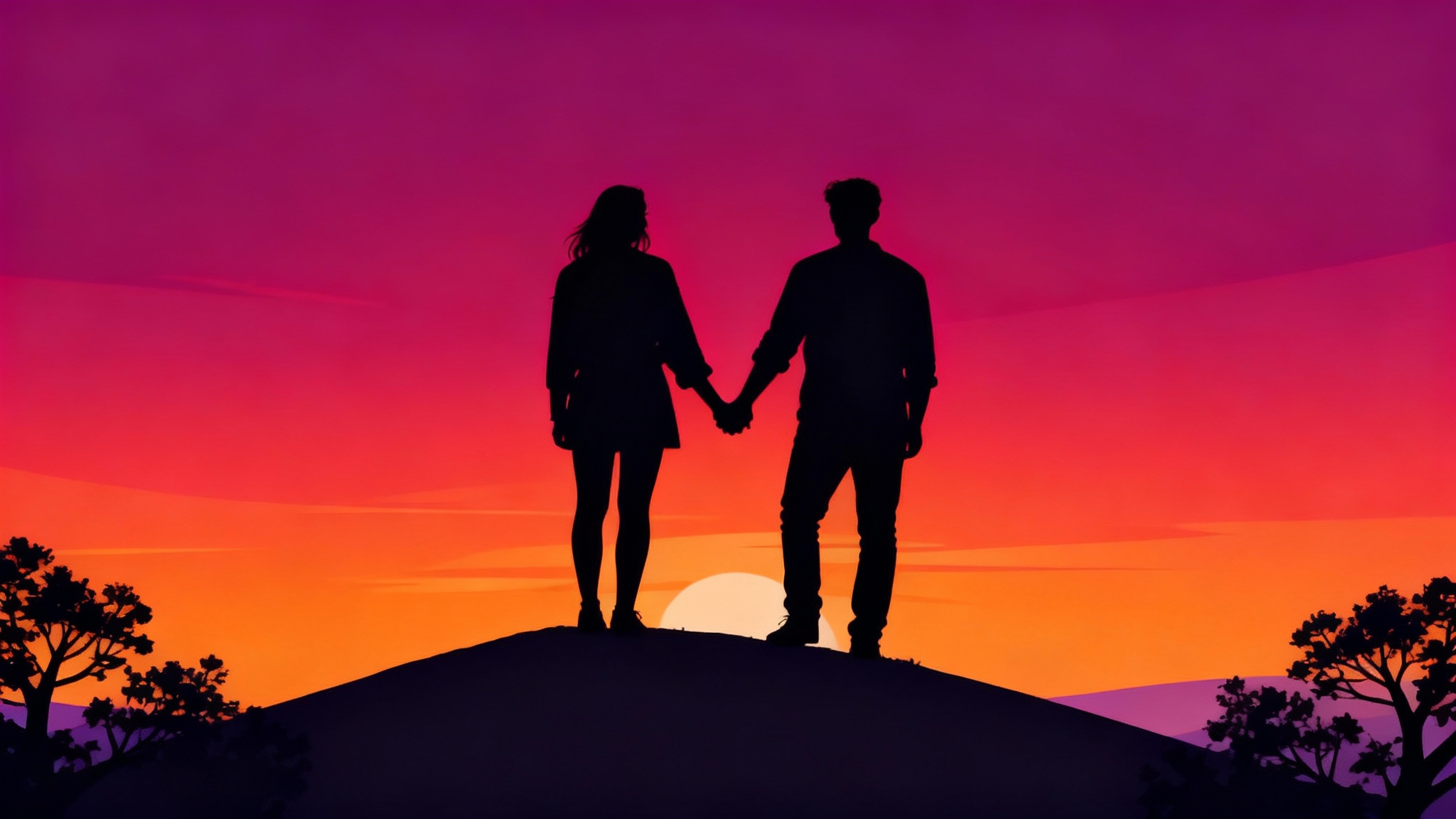A professionally designed piece of silhouette art showing a couple on a hilltop against a vibrant purple and orange sunset, representing the final output of a design tool.
