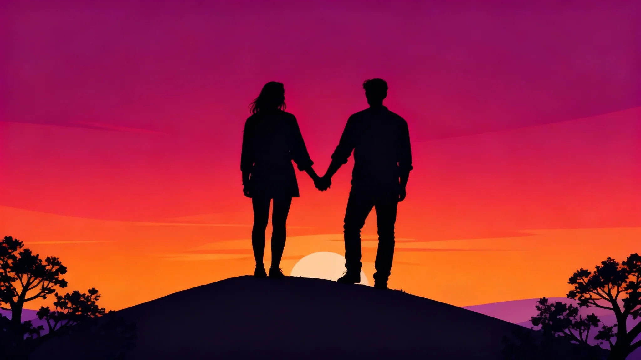 A professionally designed piece of silhouette art showing a couple on a hilltop against a vibrant purple and orange sunset, representing the final output of a design tool.