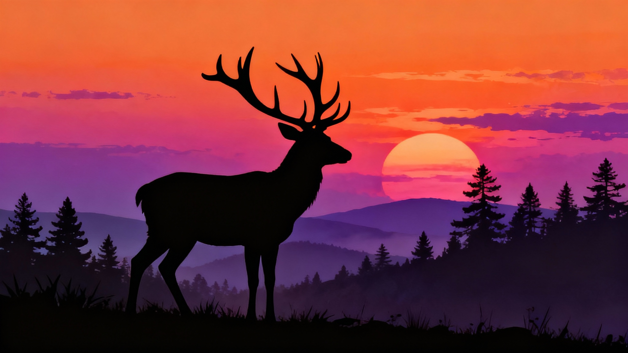 A mockup of a silhouette art piece showing a black silhouette of a deer with large antlers against a vibrant orange and purple sunset, isolated on a white background.
