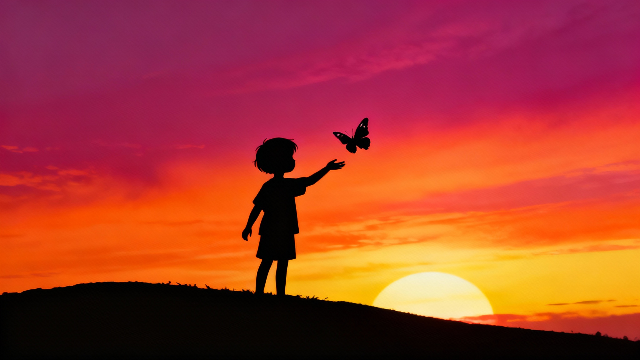 A beautiful piece of silhouette art showing a child reaching for a butterfly against a vibrant sunset background, displayed on a clean white surface.
