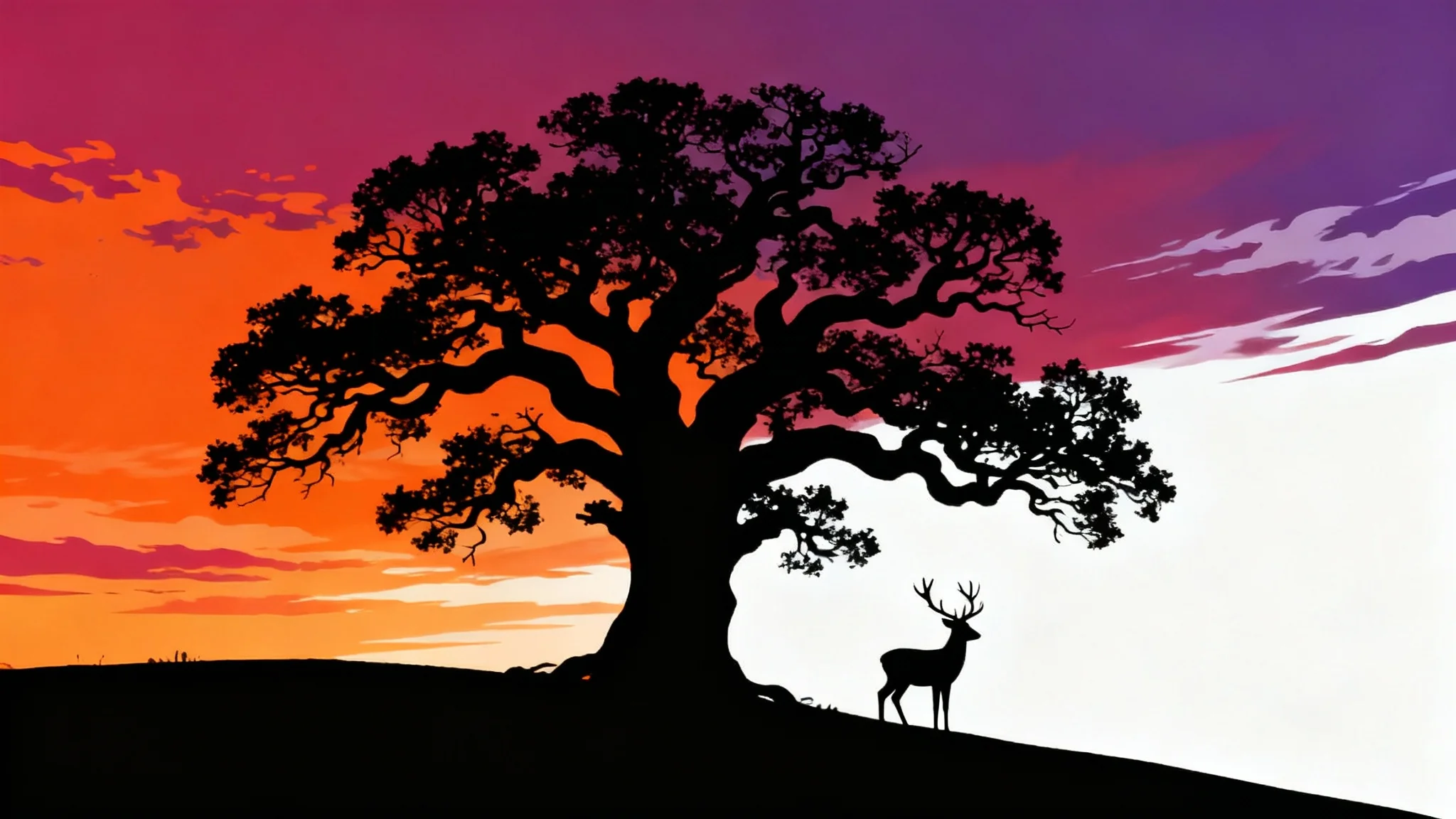 A beautiful piece of silhouette art showing a black, gnarled tree and a deer on a hill against a vibrant orange and purple sunset, presented on a white background.