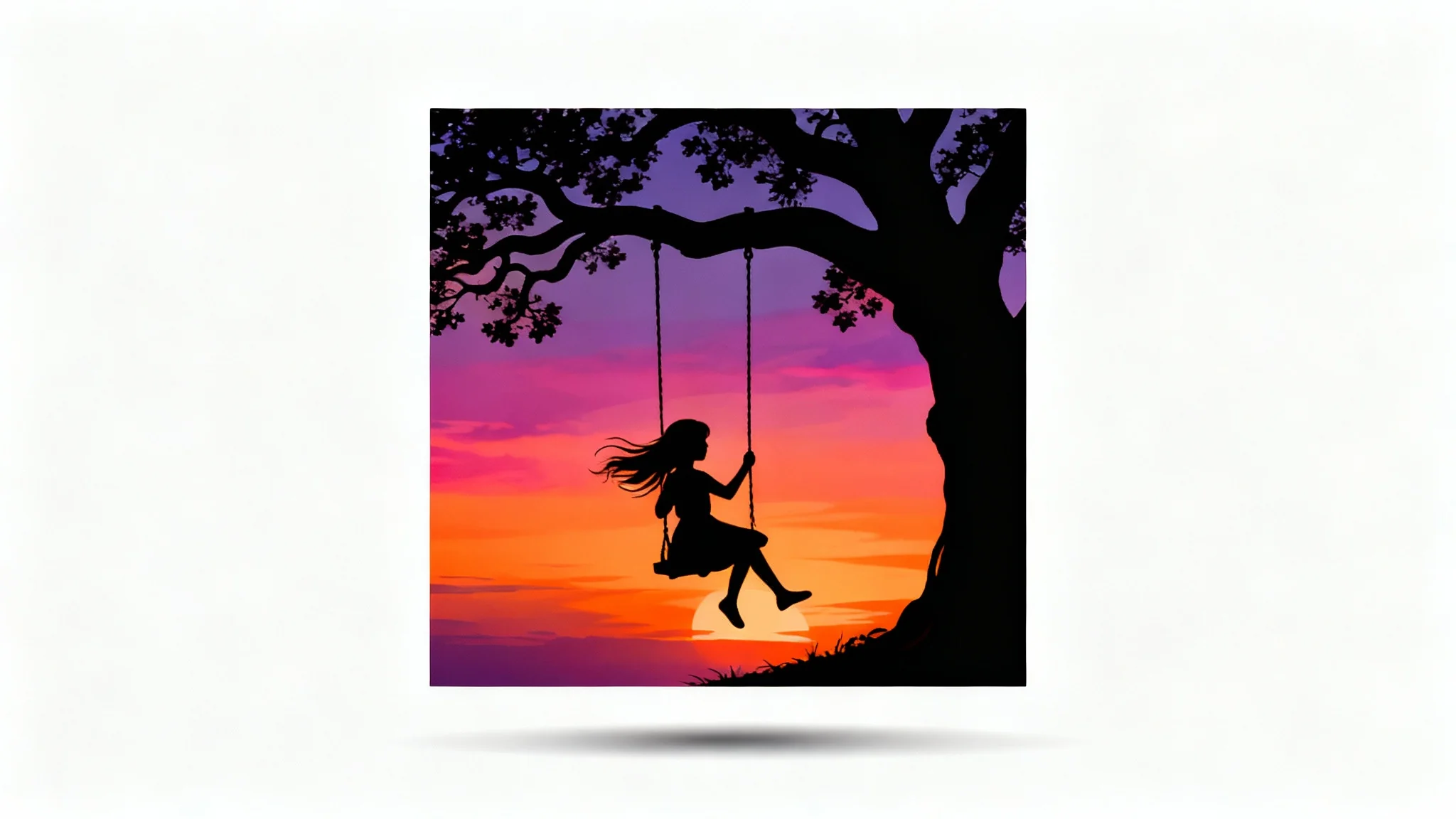 A mockup of a silhouette art print showing a girl on a swing hanging from a tree, silhouetted against a colorful sunset. The print is displayed on a clean white background.