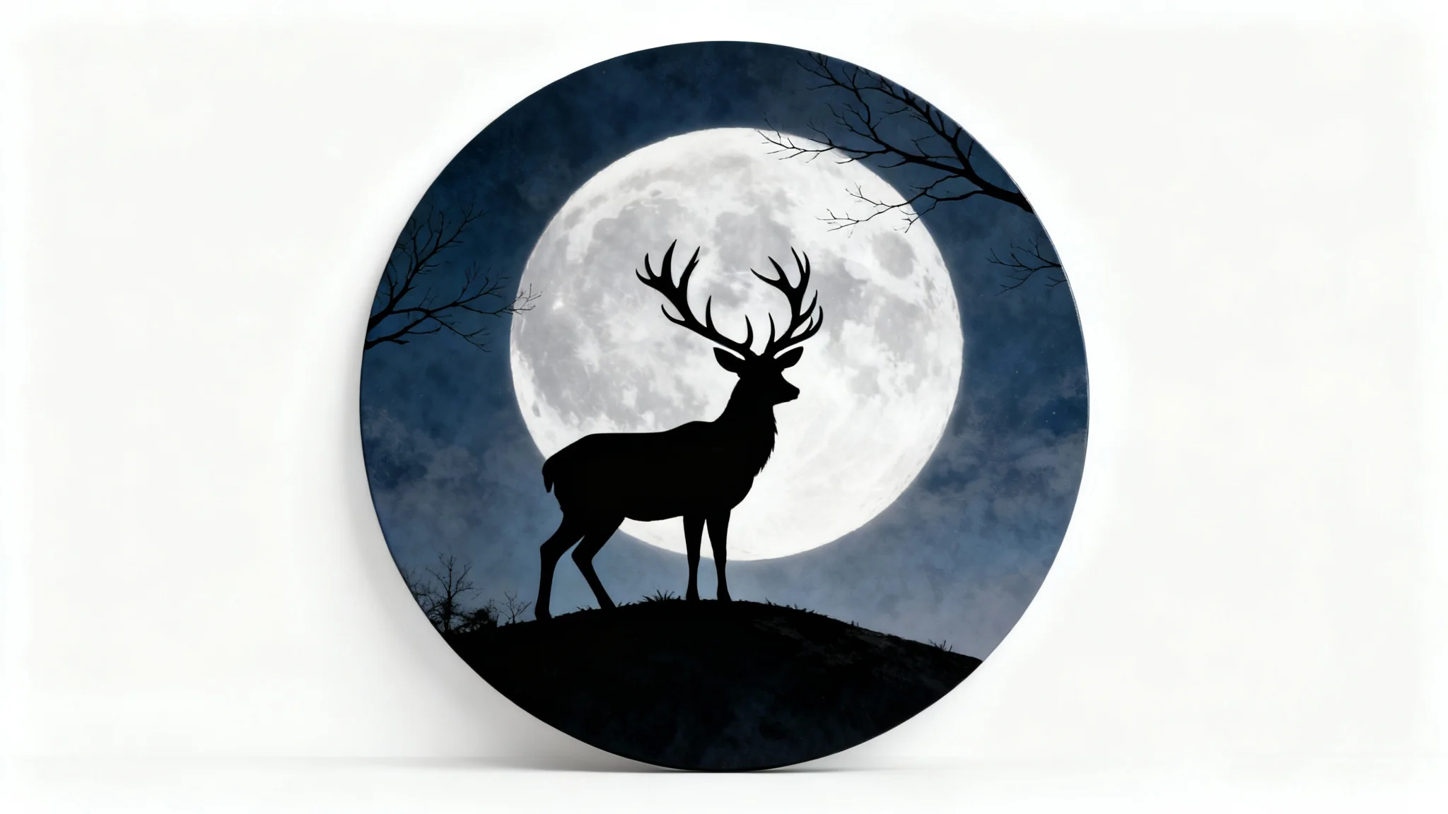 A circular piece of silhouette art showing a black silhouette of a deer with large antlers standing in front of a giant, glowing full moon, all set against a clean white background.
