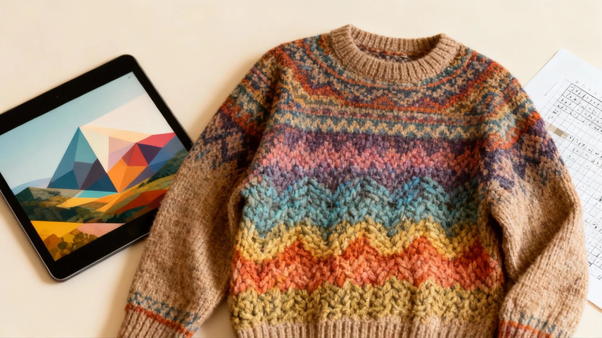 A finished knitted sweater with a complex, colorful geometric pattern, shown next to the tablet and paper chart it was created from, demonstrating the output of a knitting chart converter.