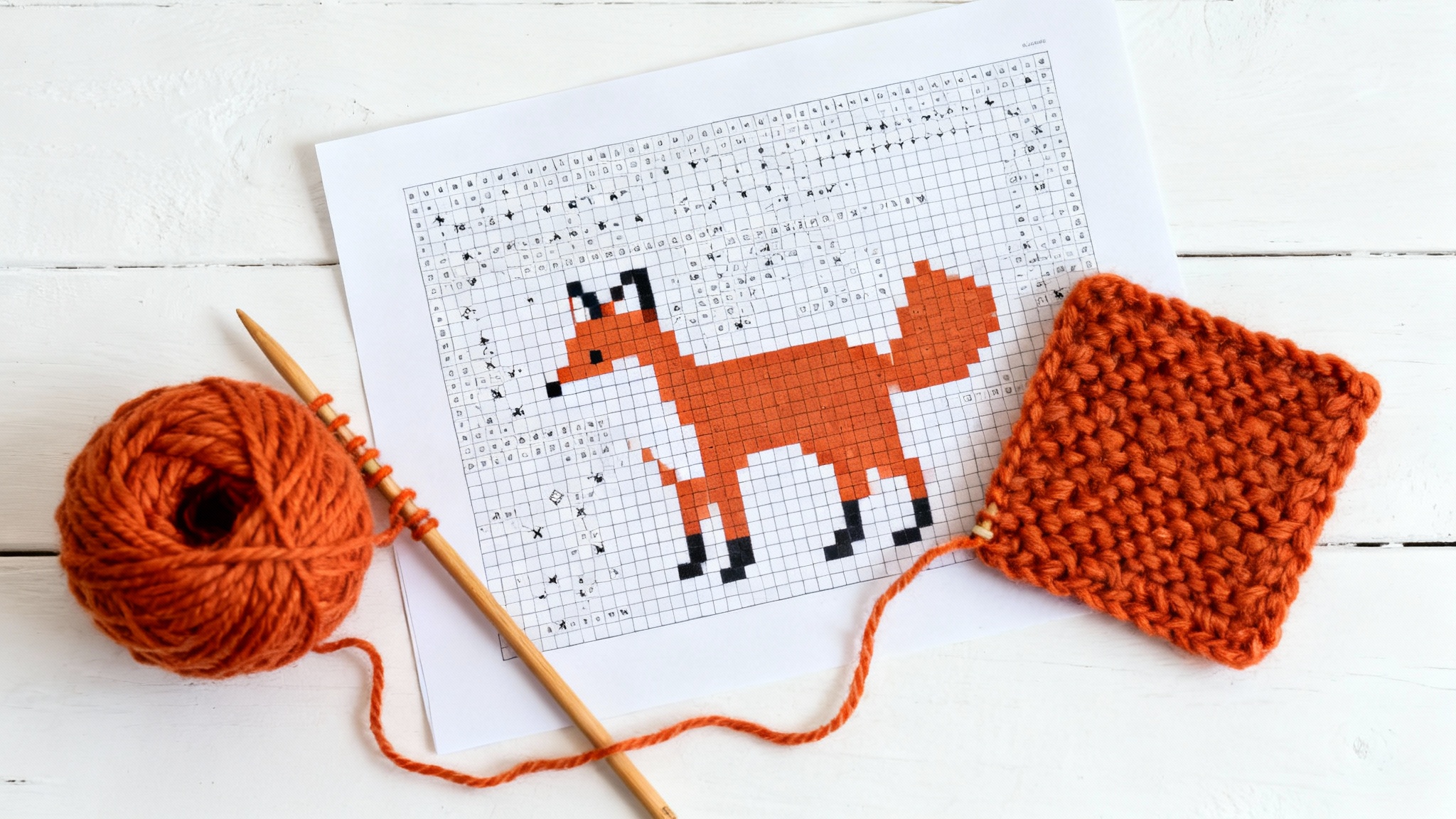 A top-down view of a knitting project on a white table. A printed knitting chart showing a fox pattern lies next to a partially finished orange knitted square replicating the same fox design, complete with knitting needles and yarn.