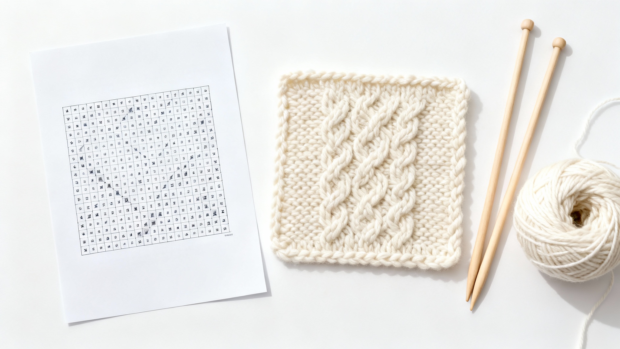 A flat lay of a knitting chart with a geometric pattern next to a cream-colored knitted swatch that matches the chart, accompanied by knitting needles and a ball of yarn, on a white background.