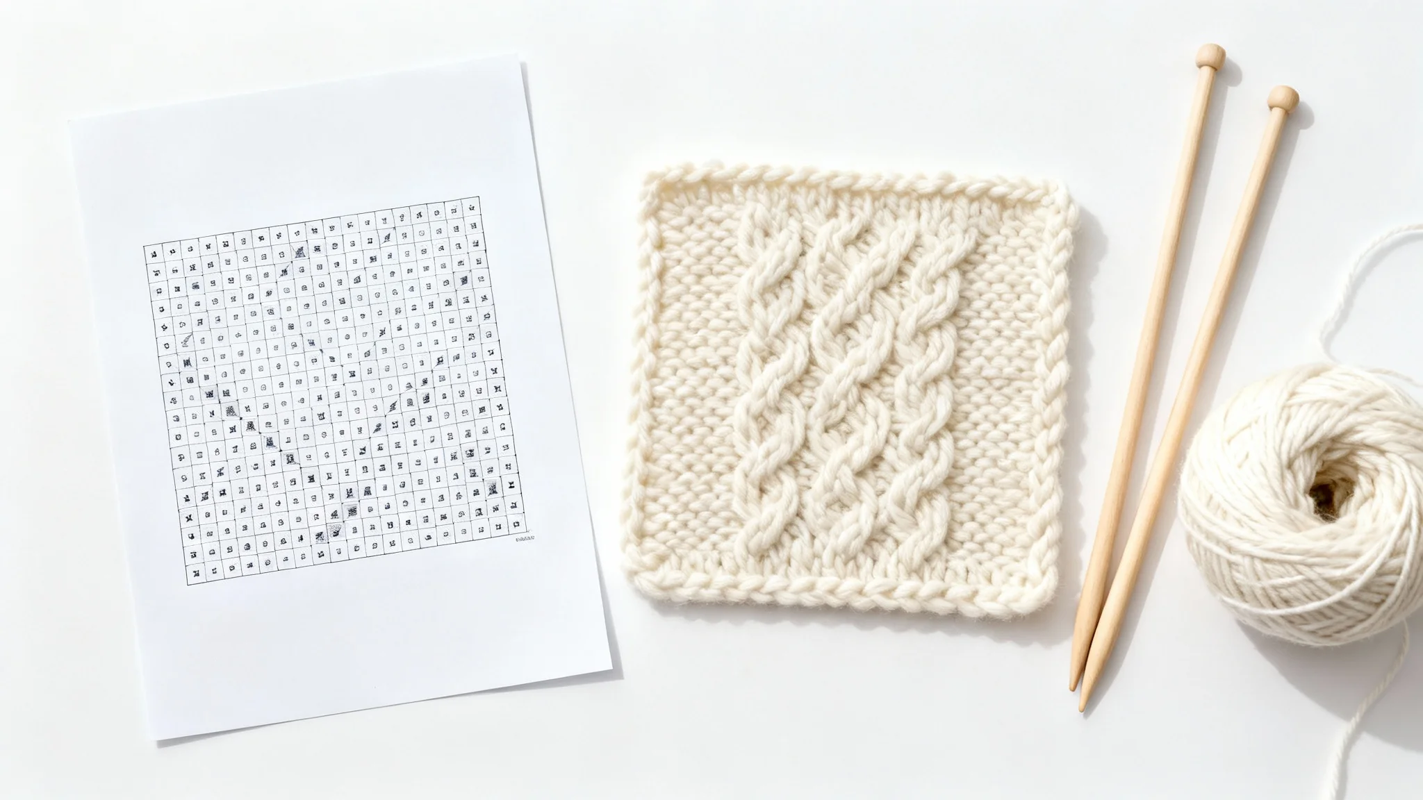 A flat lay of a knitting chart with a geometric pattern next to a cream-colored knitted swatch that matches the chart, accompanied by knitting needles and a ball of yarn, on a white background.
