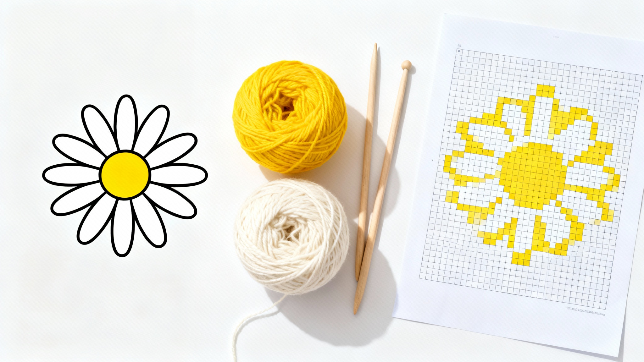 A flat lay image showing a daisy flower illustration on the left and a corresponding knitting chart of the flower on the right, with balls of yellow and white yarn and knitting needles in between, all on a white background.