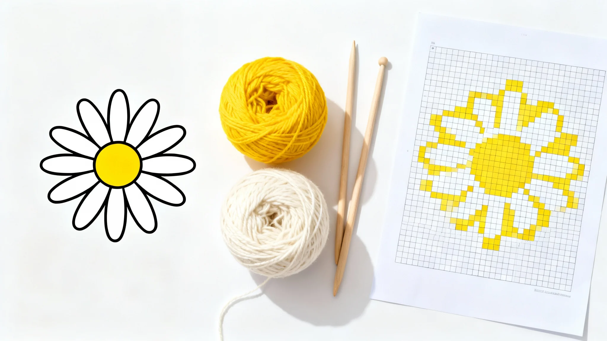 A flat lay image showing a daisy flower illustration on the left and a corresponding knitting chart of the flower on the right, with balls of yellow and white yarn and knitting needles in between, all on a white background.