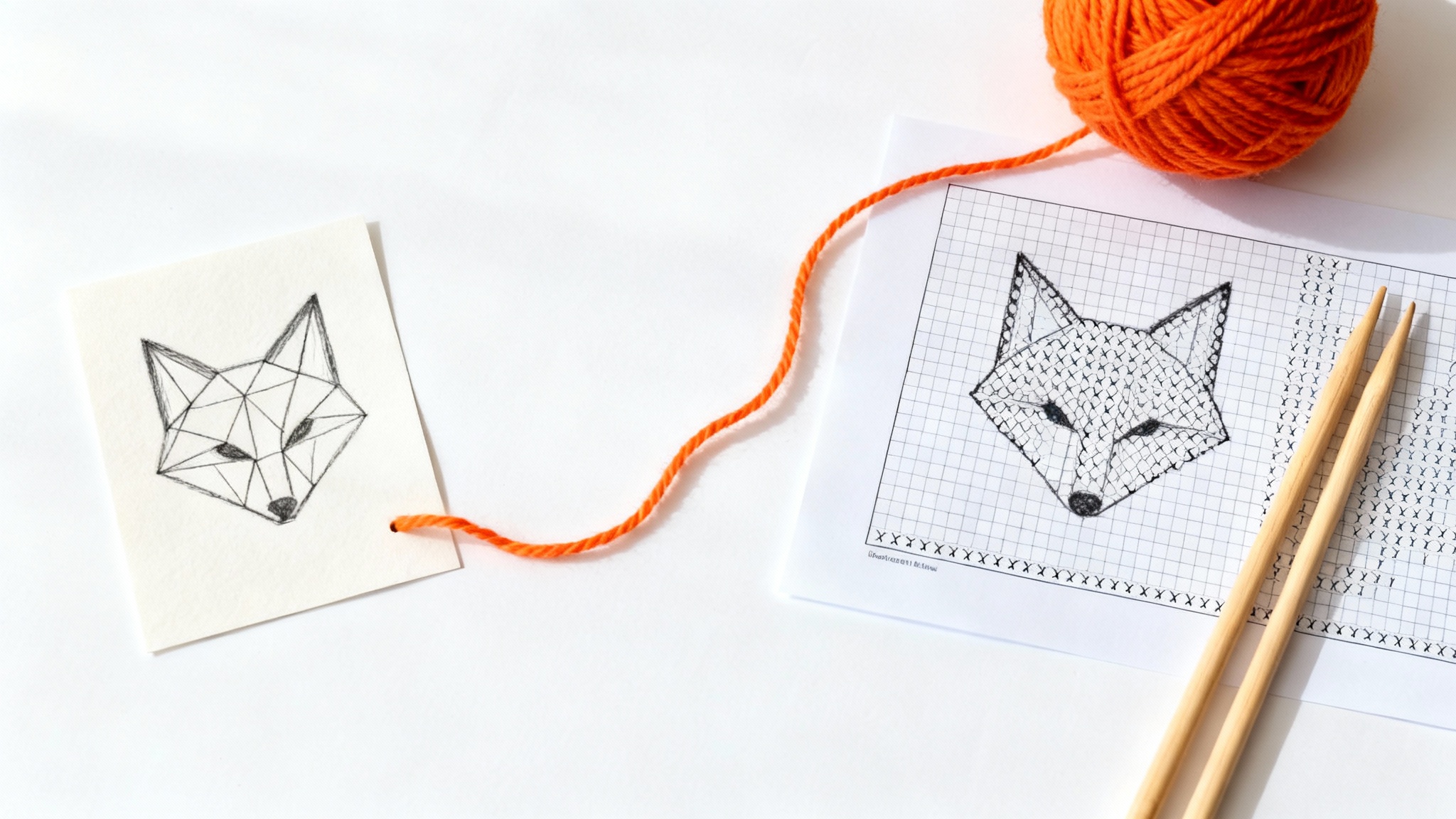A flat lay image illustrating the process of converting a sketch into a knitting pattern. A pencil drawing of a fox head is connected by a strand of orange yarn to a corresponding knitting chart, with knitting needles resting alongside.