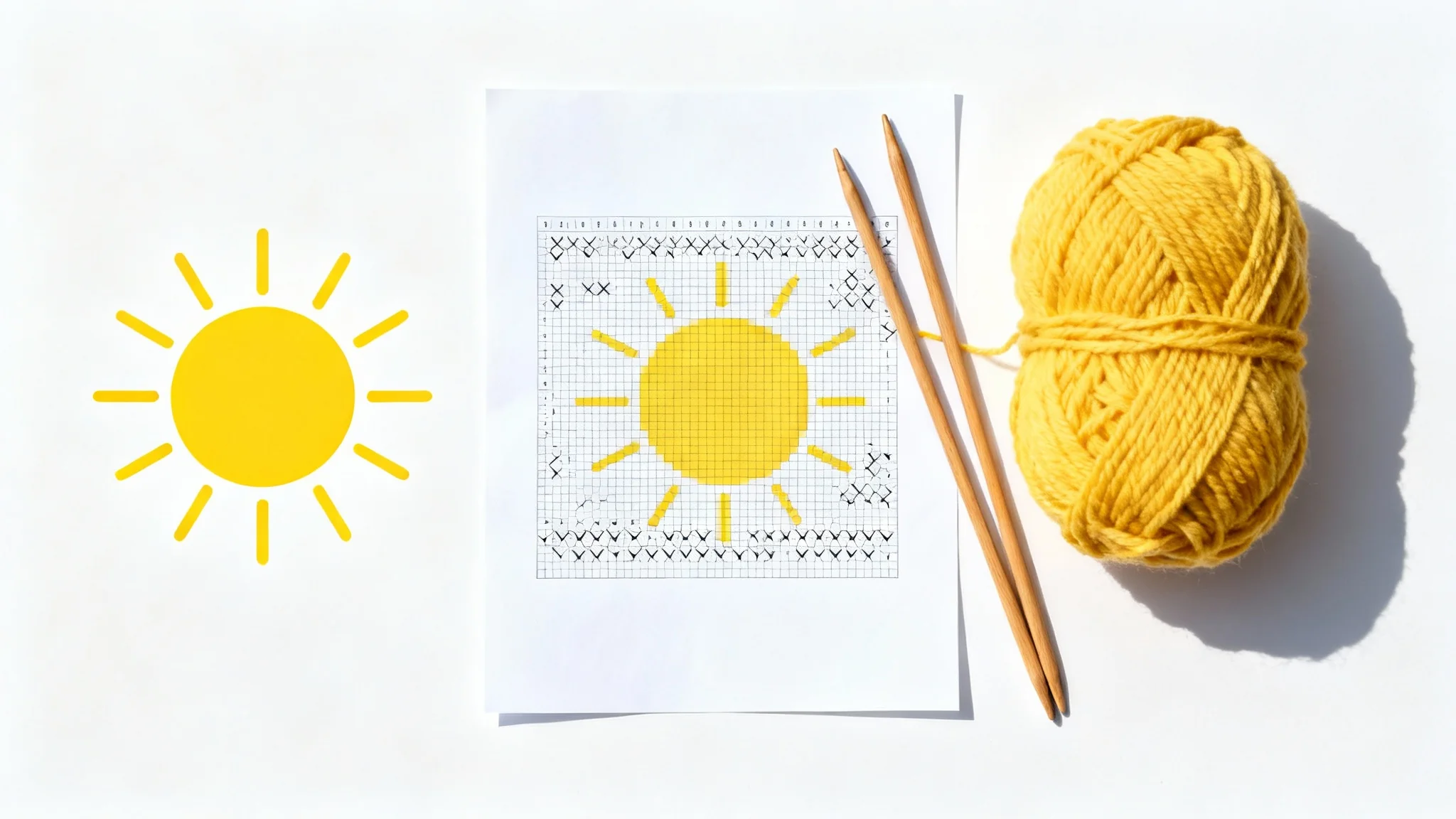 A flat lay photo on a white background showing a simple drawing of a sun next to a knitting chart that replicates the sun's design, accompanied by a ball of yellow yarn and knitting needles.