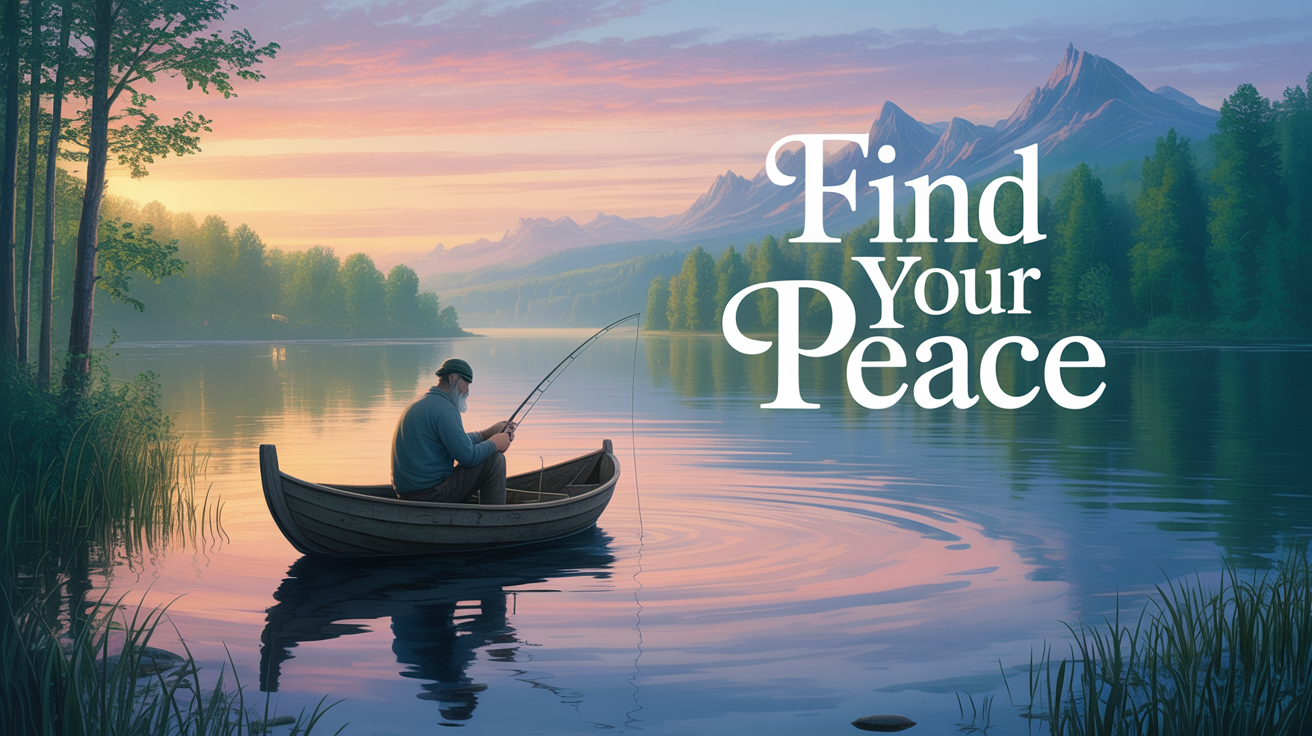 A finished 16:9 wallpaper showing a man fishing on a serene lake at dawn, with lush forests and mountains, and the text 'FIND YOUR PEACE' in the corner.