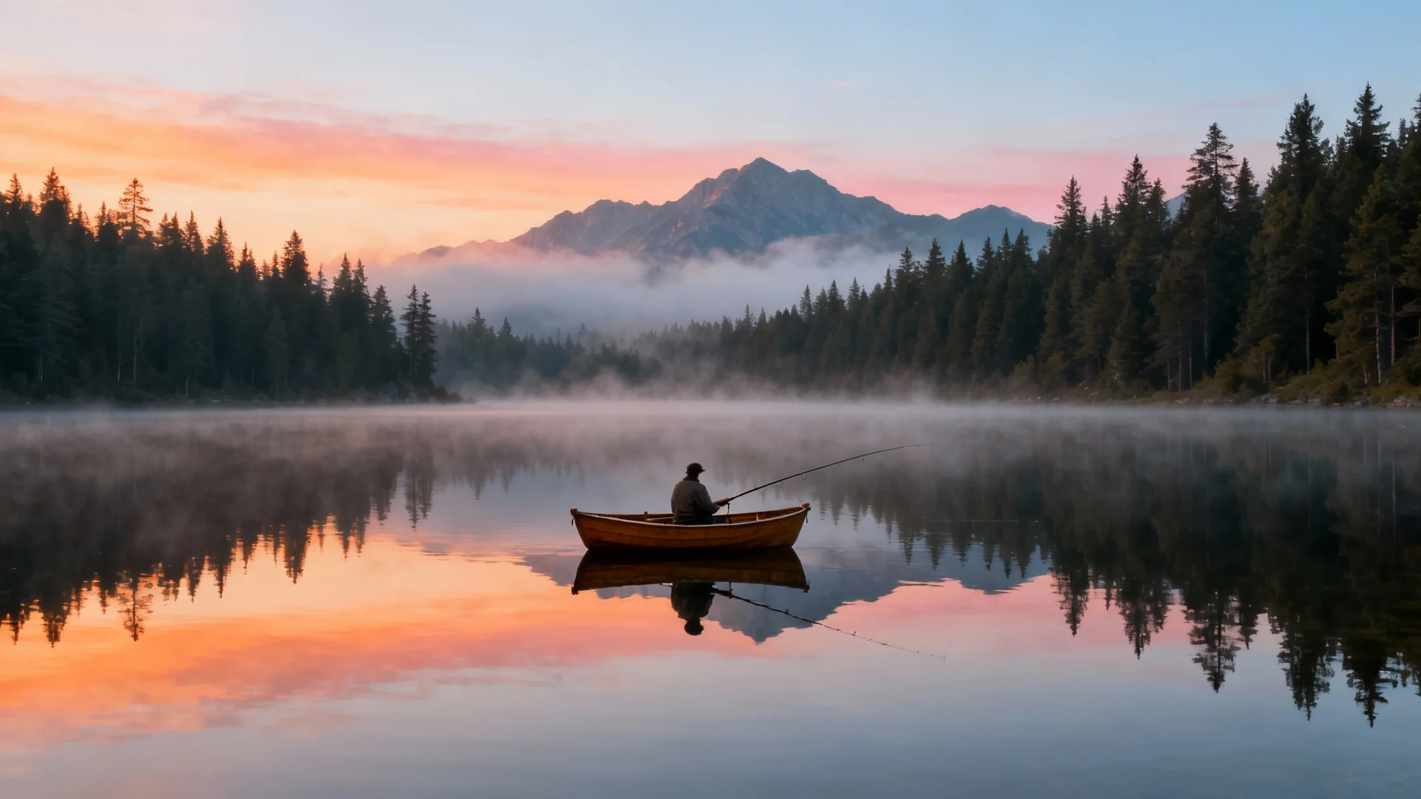 A serene lake fishing wallpaper showing a lone fisherman in a small boat at sunrise, with the sky and misty mountains reflected perfectly in the calm water.