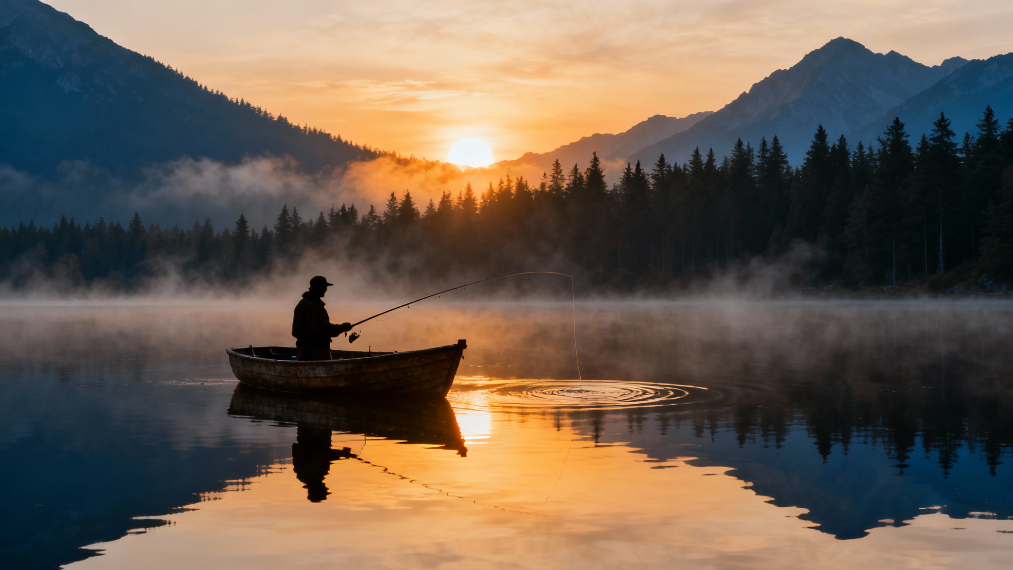 A tranquil lake fishing wallpaper showing a lone fisherman in a boat at sunrise, with misty mountains in the background and a golden glow on the water.