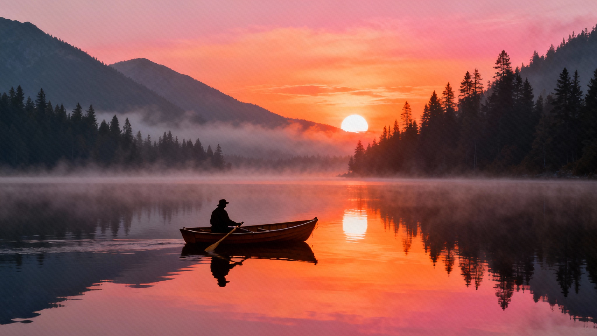 A photorealistic wallpaper of a lone fisherman in a boat on a calm lake at sunrise, with mountains and a colorful sky reflected in the water.