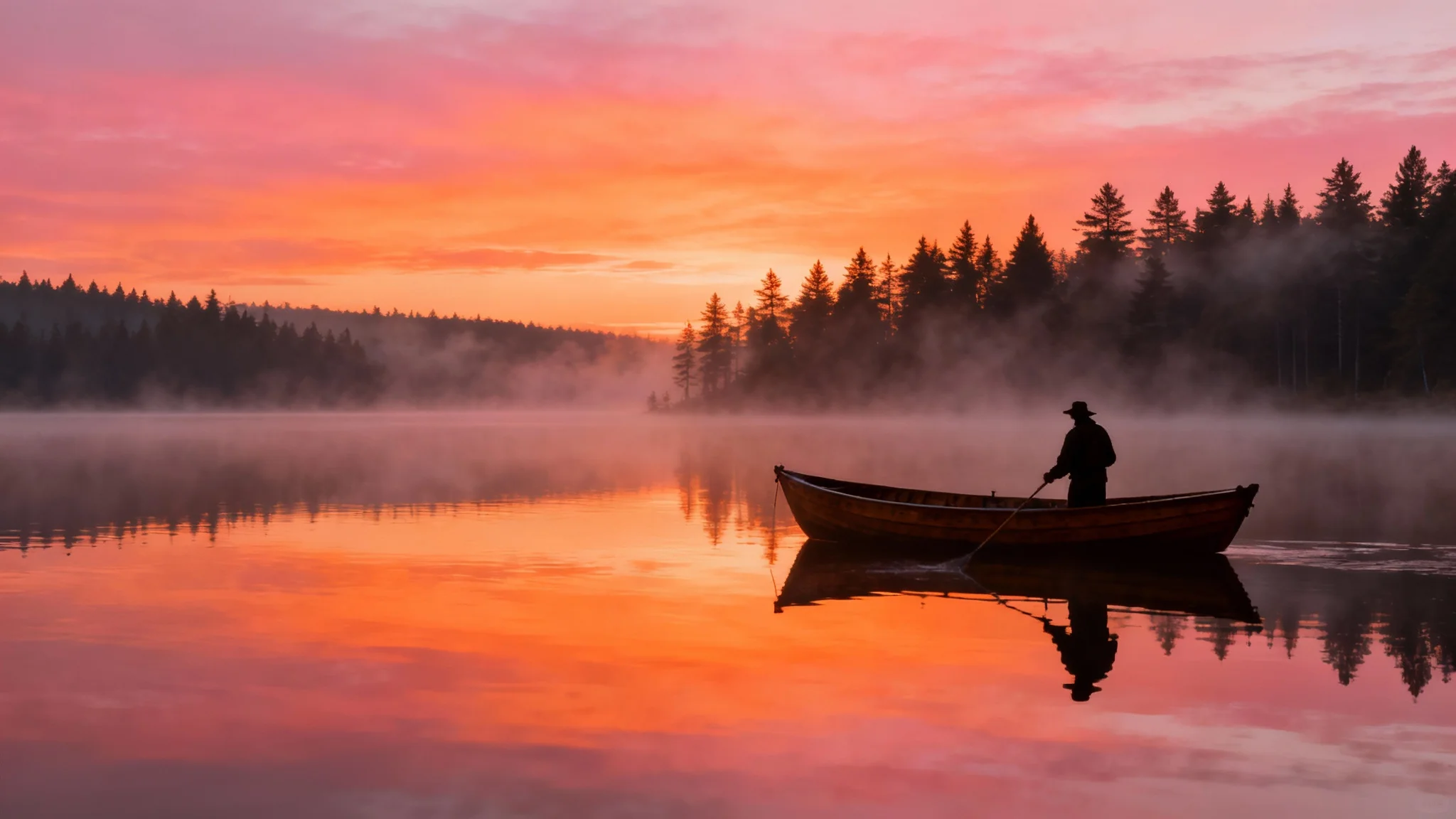 A photorealistic wallpaper showing a lone fisherman in a boat on a calm lake at sunrise, with mountains and forests in the background, creating a serene and peaceful scene.