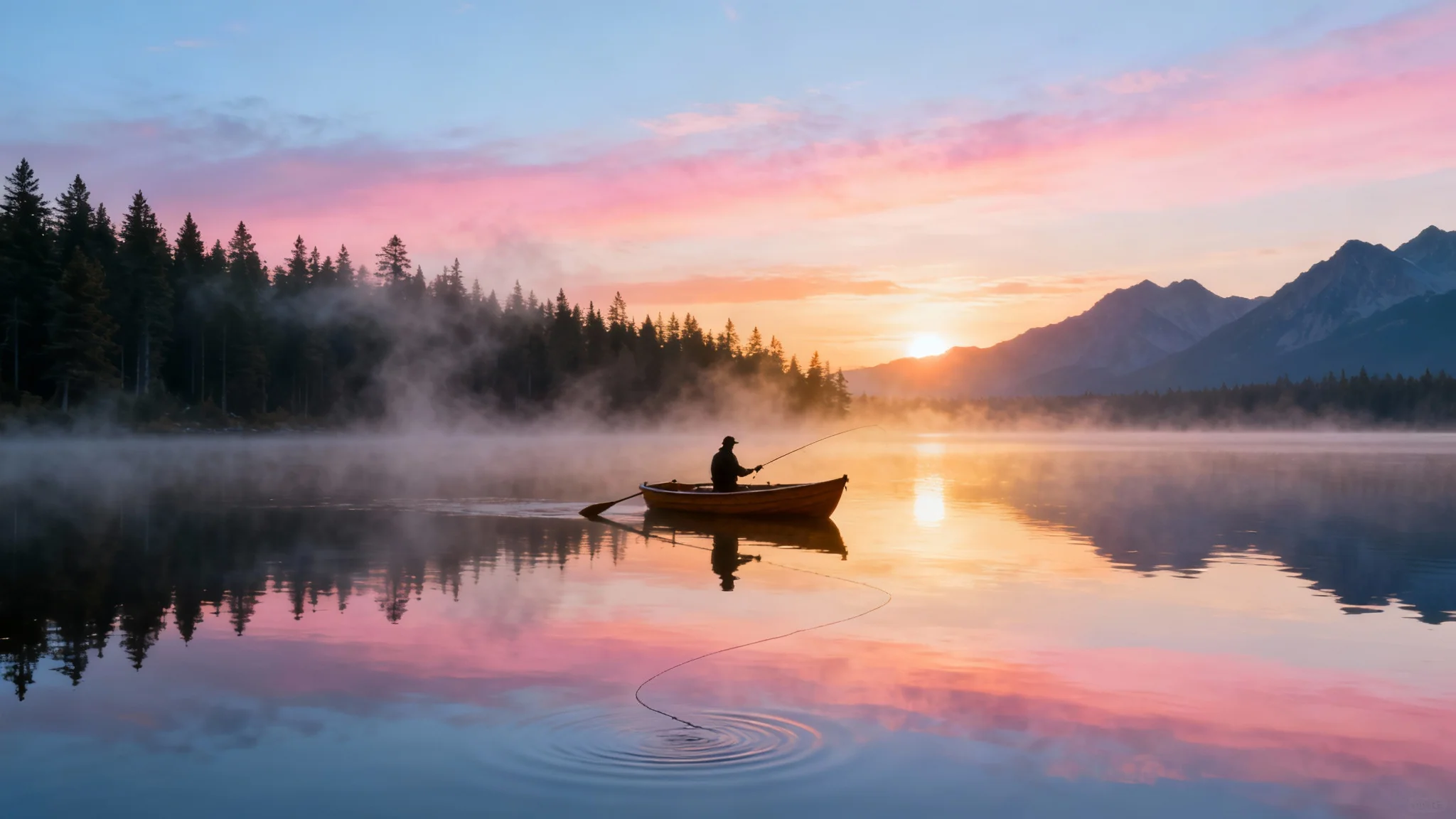 A serene wallpaper of a lone fisherman in a boat on a calm lake at sunrise, with mist rising over the water and mountains in the background.