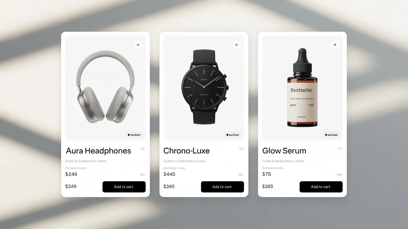 A grid of three professionally designed e-commerce product cards for headphones, a watch, and a skincare serum, each with a product name, price, and 'Add to Cart' button.
