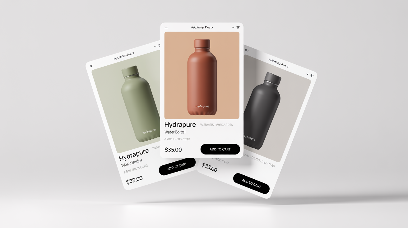 A mockup showing three elegantly designed ecommerce product cards for a brand of water bottles, arranged against a clean white background to showcase modern web design.