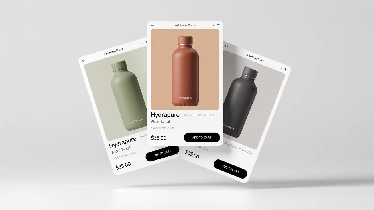 A mockup showing three elegantly designed ecommerce product cards for a brand of water bottles, arranged against a clean white background to showcase modern web design.