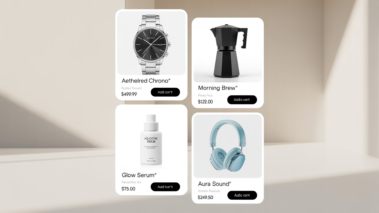 A mockup of four modern e-commerce product cards arranged in a grid on a white background, each showing a different product: a watch, coffee maker, serum, and headphones, complete with fictional names, prices, and 'Add to Cart' buttons.
