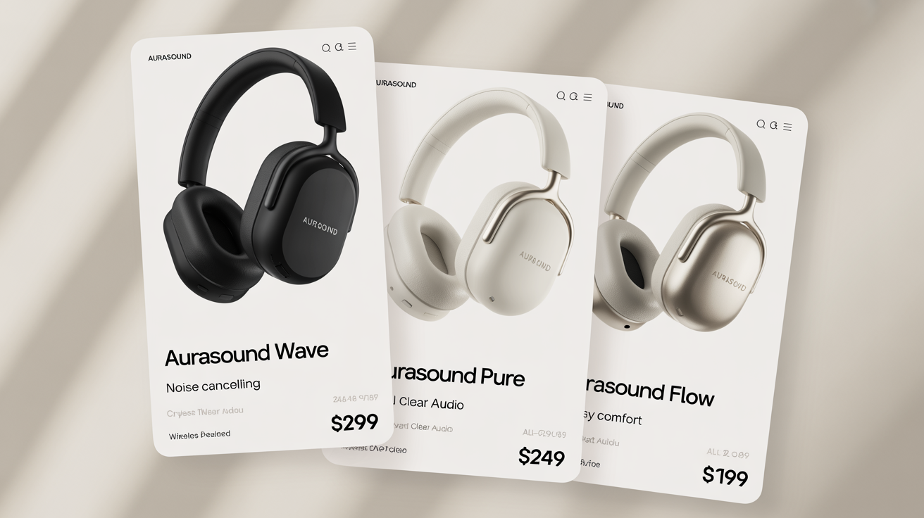 A clean mockup of three e-commerce product card designs for wireless headphones, shown against a white background. Each card features a different color headphone and includes a product name, feature, and price.