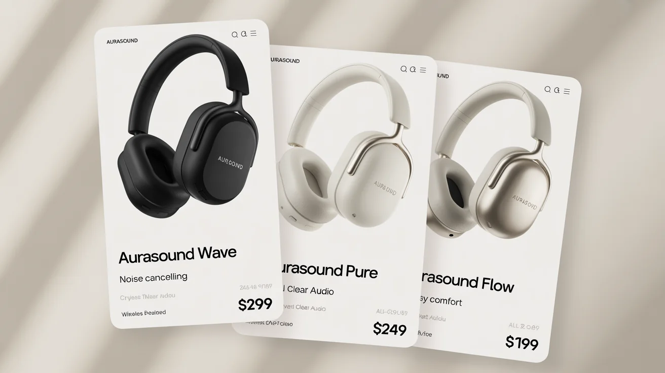 A clean mockup of three e-commerce product card designs for wireless headphones, shown against a white background. Each card features a different color headphone and includes a product name, feature, and price.