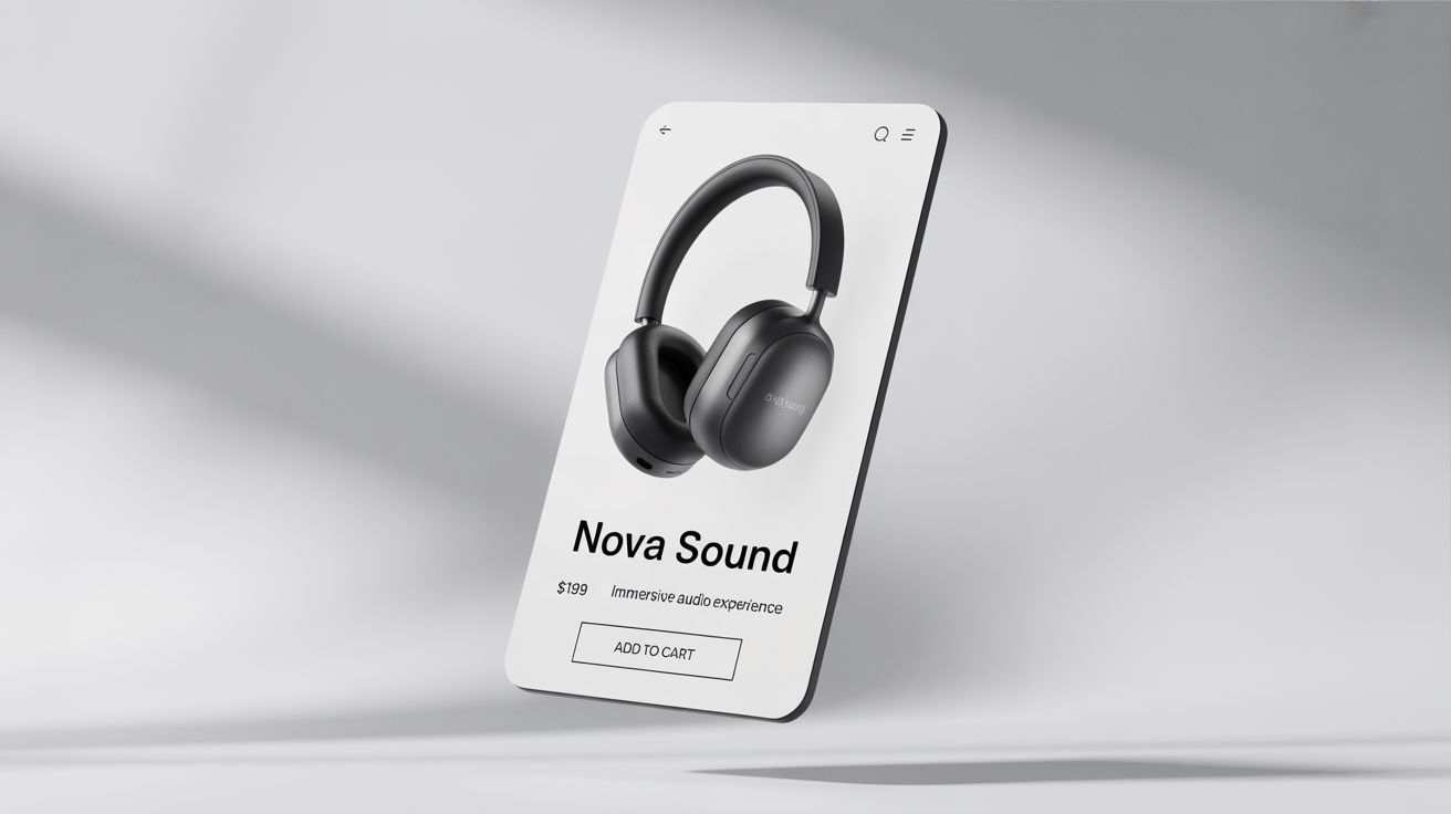 A mockup of a minimalist ecommerce product card for 'NOVA SOUND' wireless headphones, featuring the product image, price, and an 'Add to Cart' button against a white background.