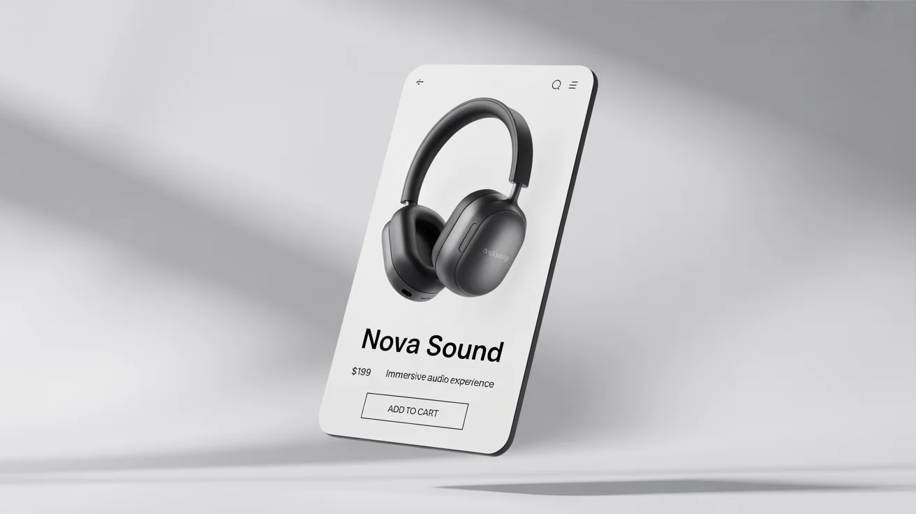 A mockup of a minimalist ecommerce product card for 'NOVA SOUND' wireless headphones, featuring the product image, price, and an 'Add to Cart' button against a white background.