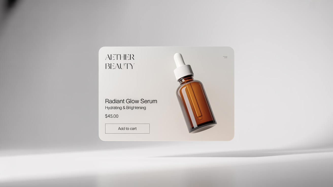 A modern ecommerce product card design for a 'Radiant Glow Serum' by 'Aether Beauty', featuring a product image, price, and an 'Add to Cart' button, displayed on a white background.