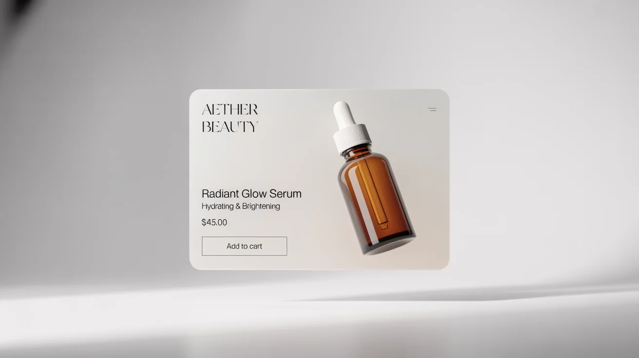 A modern ecommerce product card design for a 'Radiant Glow Serum' by 'Aether Beauty', featuring a product image, price, and an 'Add to Cart' button, displayed on a white background.