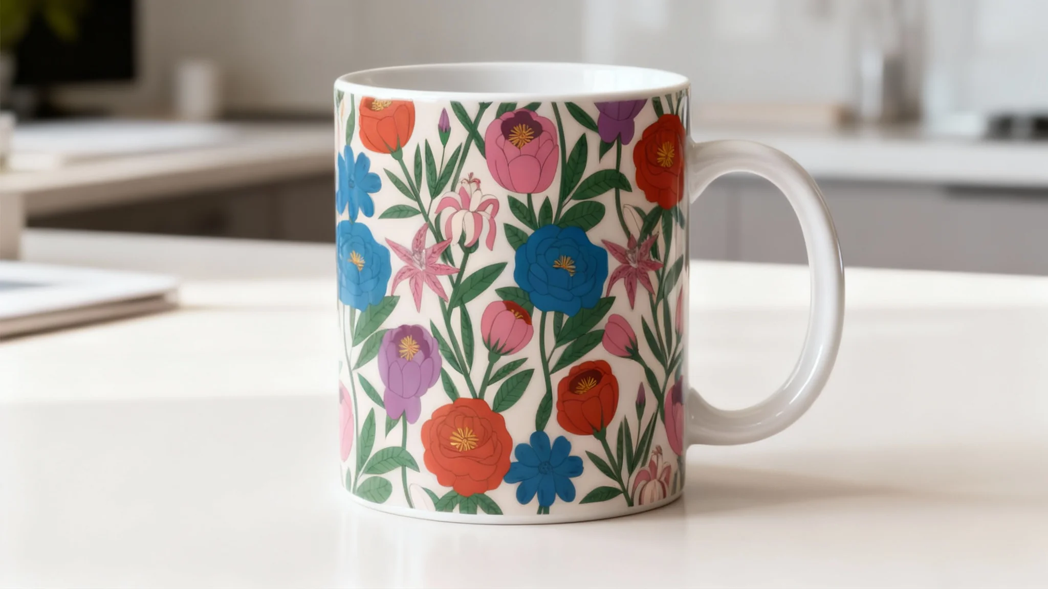 A professional photograph of a white ceramic mug with a colorful and seamless wrap-around floral design, showcased in a clean, brightly lit environment.