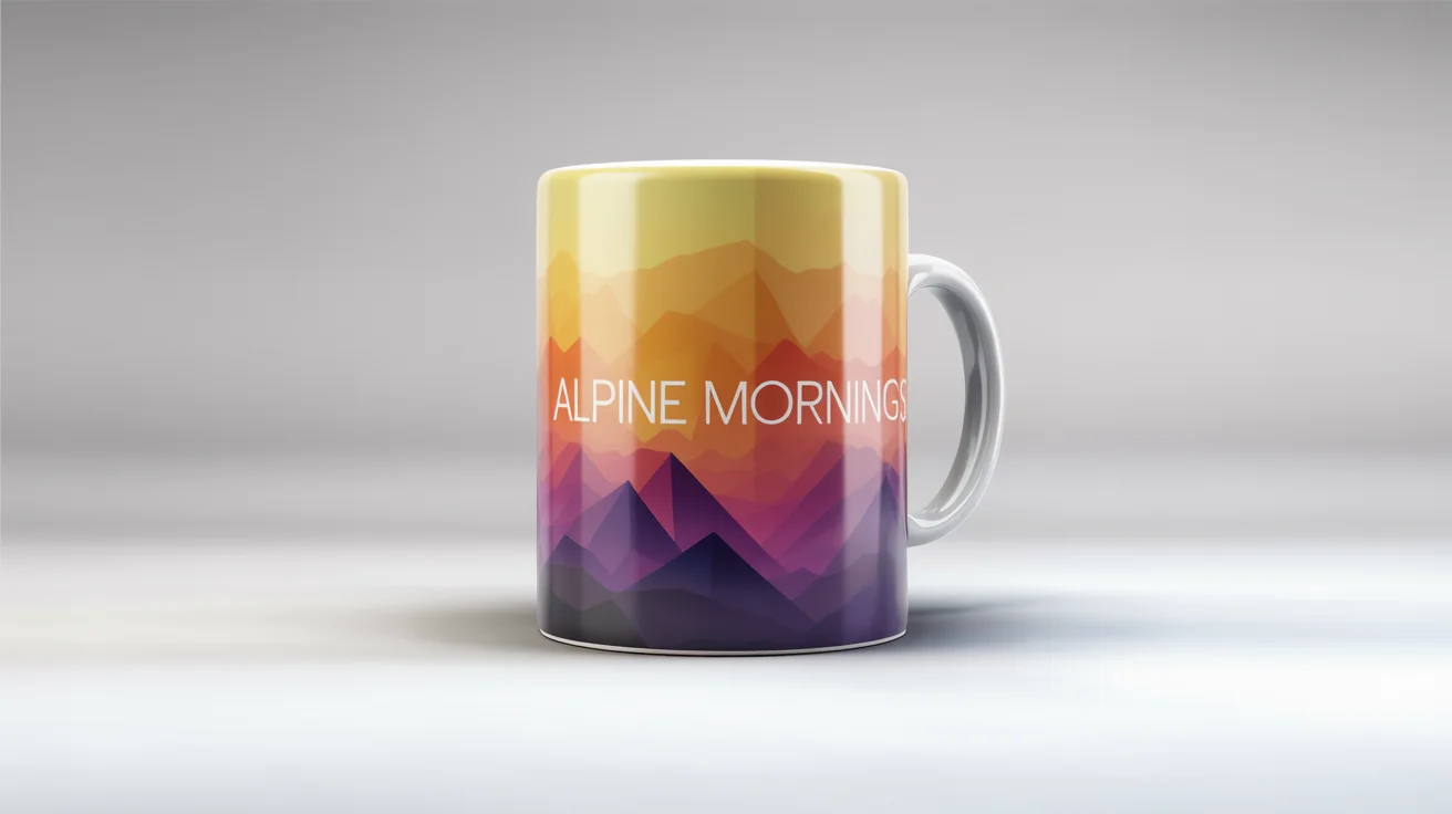 A glossy white ceramic coffee mug with a colorful wrap-around panoramic design of a mountain range at sunrise, featuring the text 'Alpine Mornings' on the front.