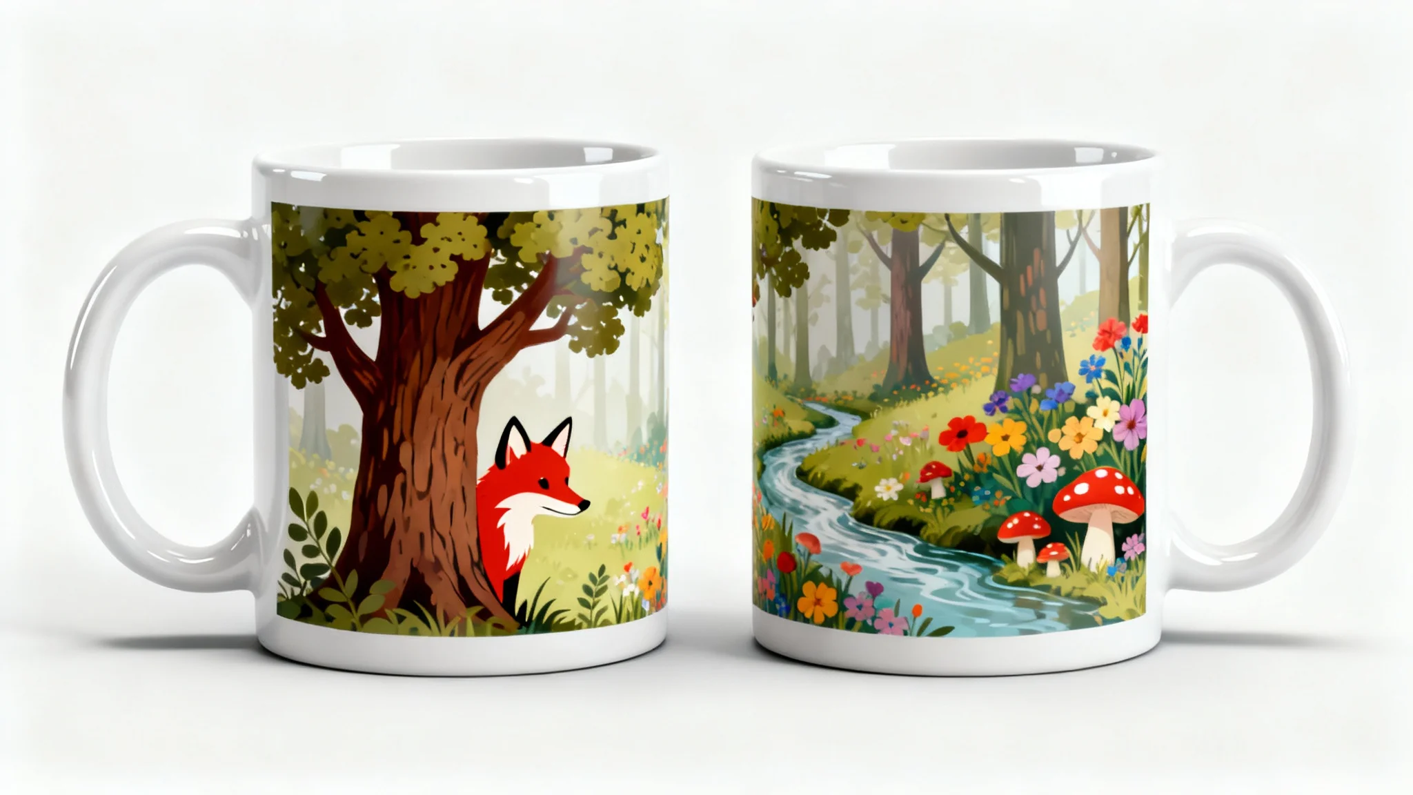 A product mockup showing two white ceramic mugs side-by-side, displaying a single, continuous wrap-around design of a colorful, whimsical forest scene.