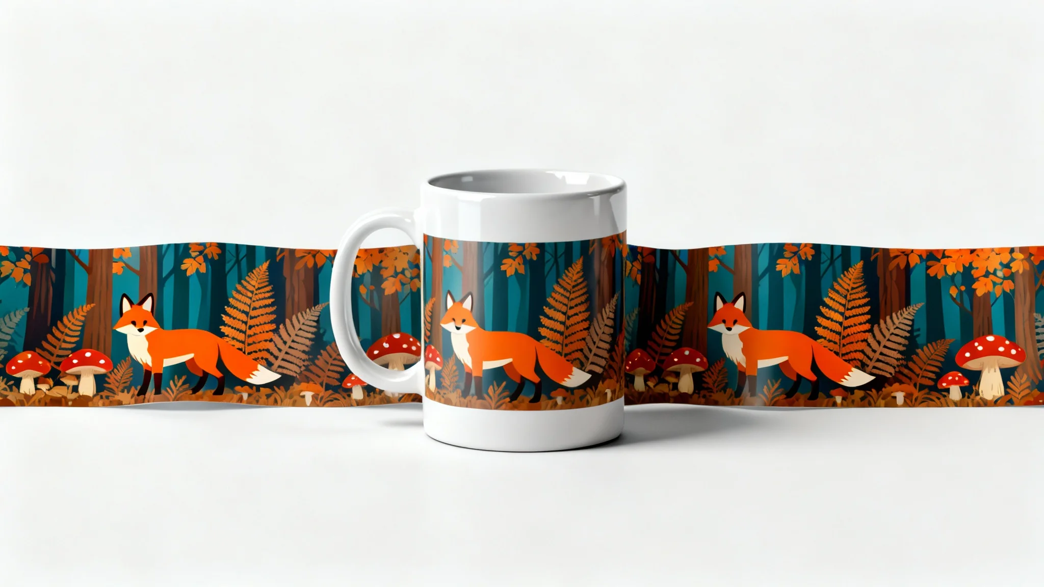 A photorealistic mockup of a white ceramic mug with a vibrant, wrap-around design of a whimsical fox and forest scene, displayed against a clean white background.