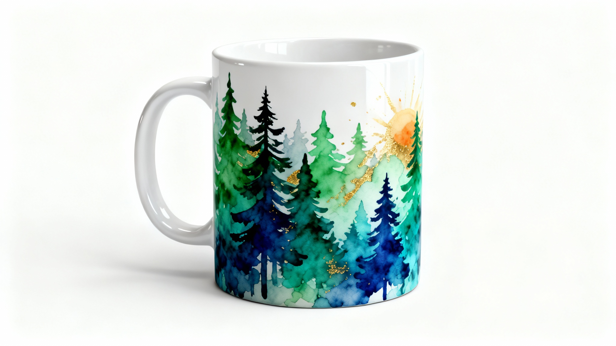 A photorealistic mockup of a white ceramic mug with a vibrant, continuous watercolor design of a pine forest wrapping around it, presented against a clean white background.