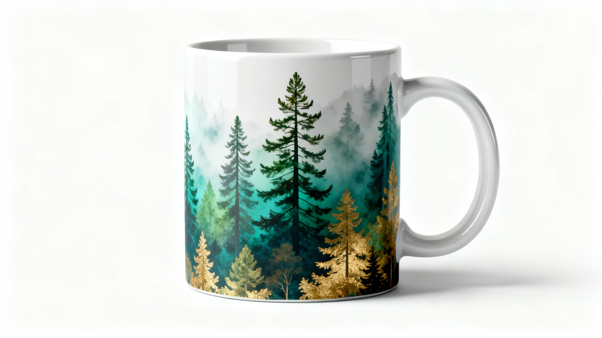 A white ceramic mug with a wrap-around design of a stylized pine forest, shown on a clean white background to demonstrate the seamless print.