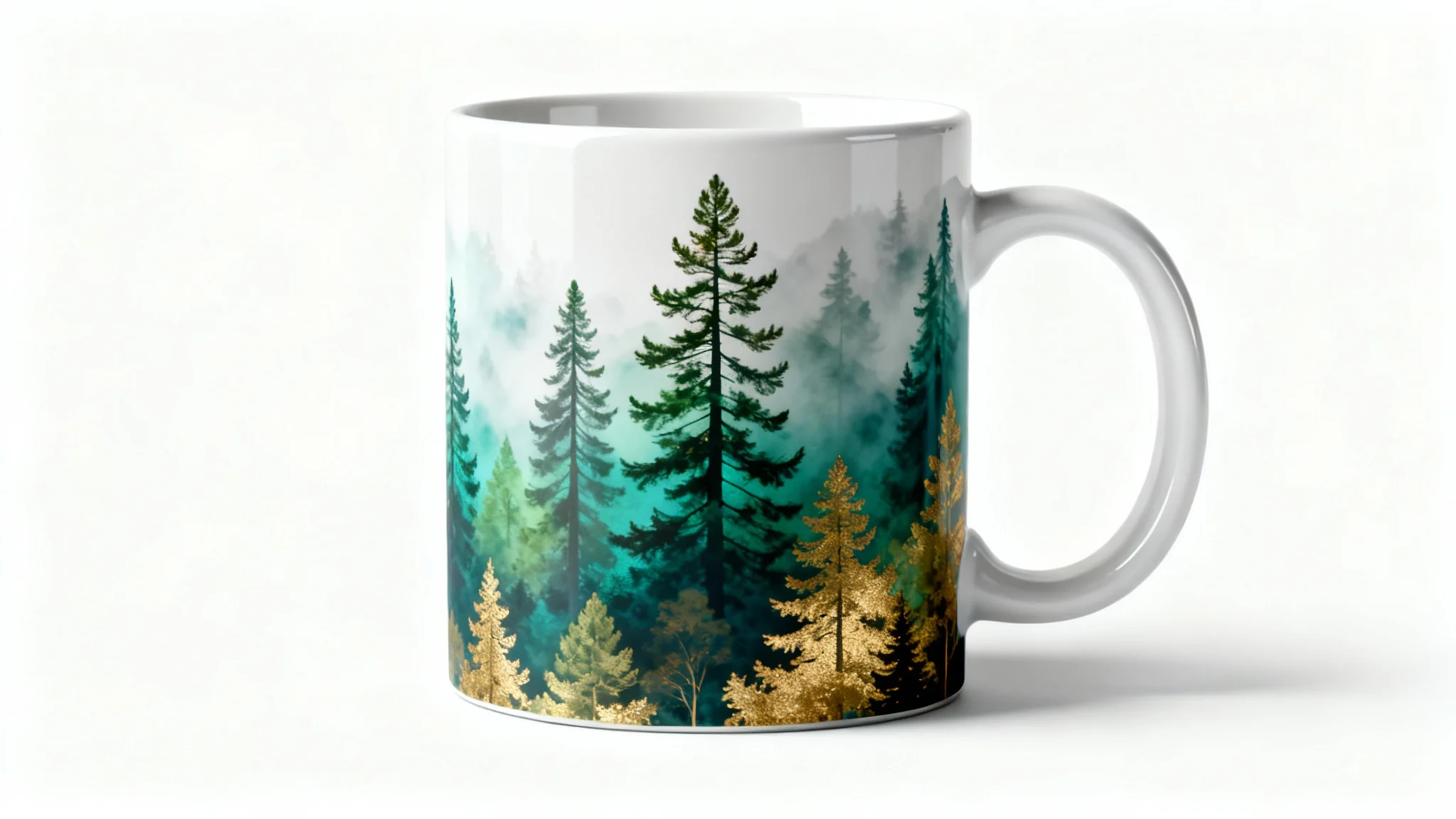 A white ceramic mug with a wrap-around design of a stylized pine forest, shown on a clean white background to demonstrate the seamless print.