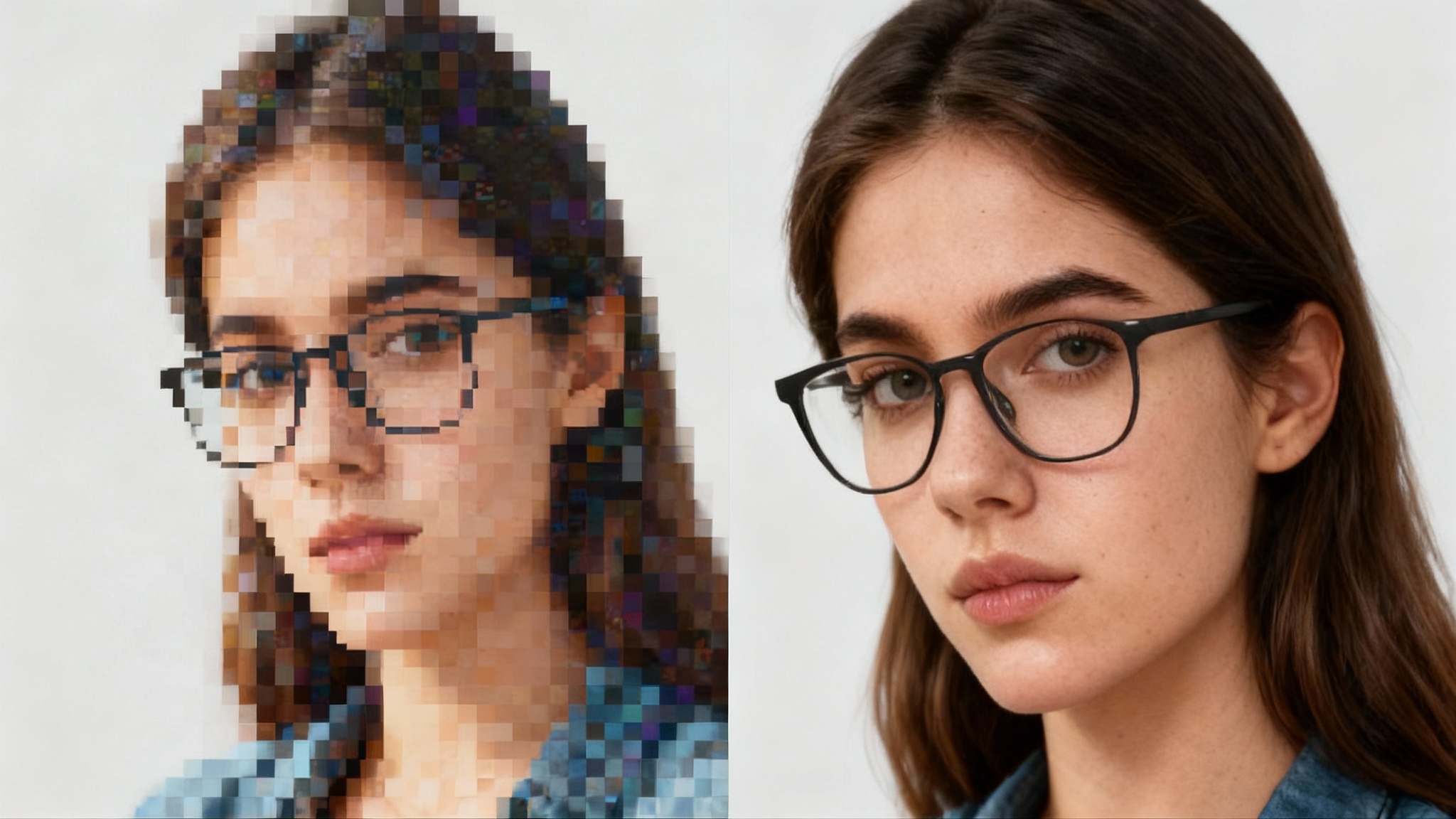 A split-screen comparison image showing the effect of a JPEG artifact remover. The left side shows a portrait with heavy pixelation and compression artifacts. The right side shows the same portrait perfectly restored, crystal clear, and in high resolution.