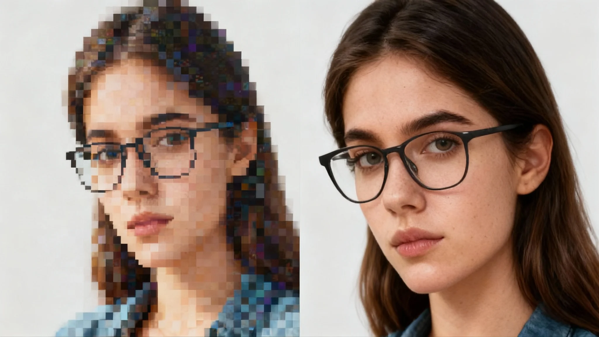 A split-screen comparison image showing the effect of a JPEG artifact remover. The left side shows a portrait with heavy pixelation and compression artifacts. The right side shows the same portrait perfectly restored, crystal clear, and in high resolution.