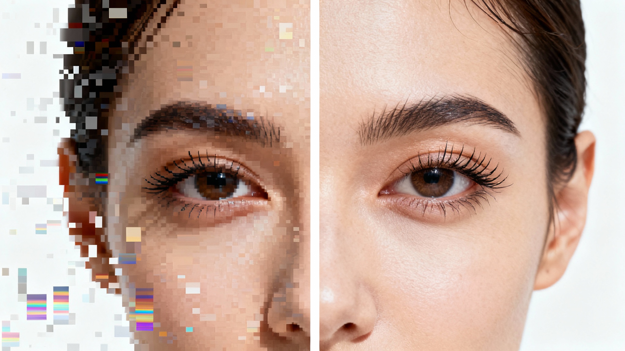 A split image of a person's face demonstrating the effect of a JPEG artifact remover. The left side is pixelated and blurry, while the right side is sharp, clear, and high-resolution.