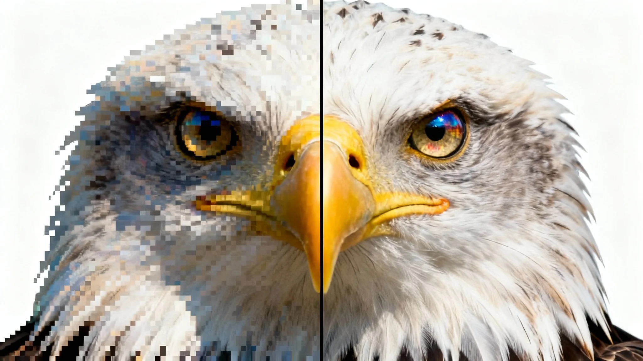 A split-screen comparison image of an eagle's head. The left side is heavily pixelated and blocky due to JPEG artifacts, while the right side is crystal clear and high-resolution, demonstrating the effect of an artifact remover.