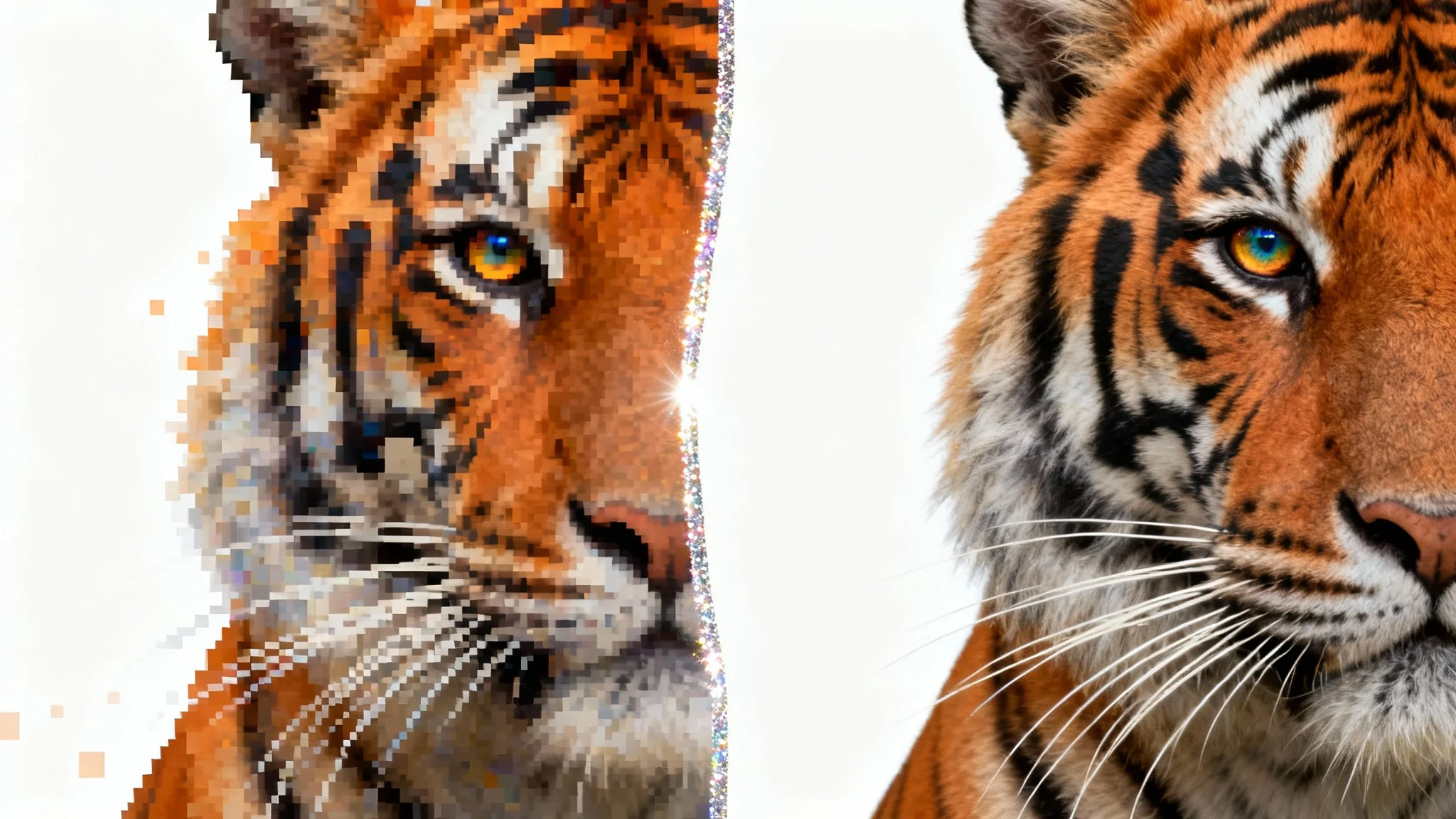 A before-and-after image of a tiger's face. The left side is pixelated and blurry with JPEG artifacts, while the right side is perfectly clear, sharp, and high-resolution, demonstrating an image restoration effect.