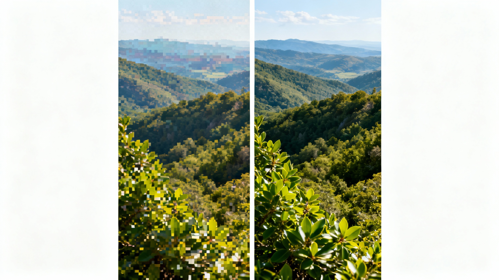 A split-screen image demonstrating the effect of a JPEG artifact remover. The left side shows a pixelated, low-quality landscape, while the right side shows the same landscape restored to crystal-clear high definition.