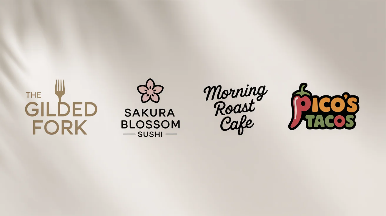 A showcase of four professionally designed restaurant logos for different types of eateries, presented as the final result from a logo design tool.