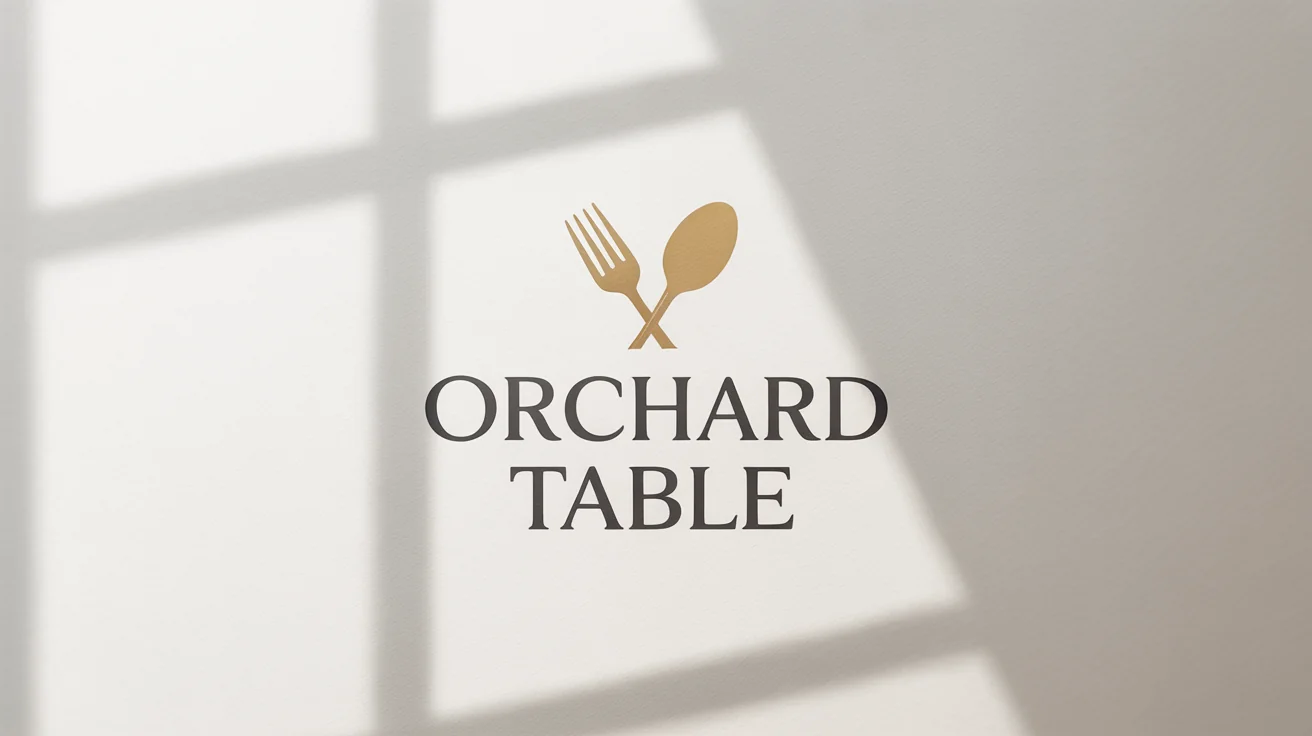A professional mockup of a logo for an upscale restaurant called 'Orchard Table', featuring a golden fork and spoon icon above the name on a white background.